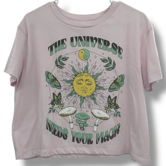 NEW Grayson Threads Celestial Magic Graphic T-Shirt Medium Pink Cropped Mushroom - Picture 4 of 9